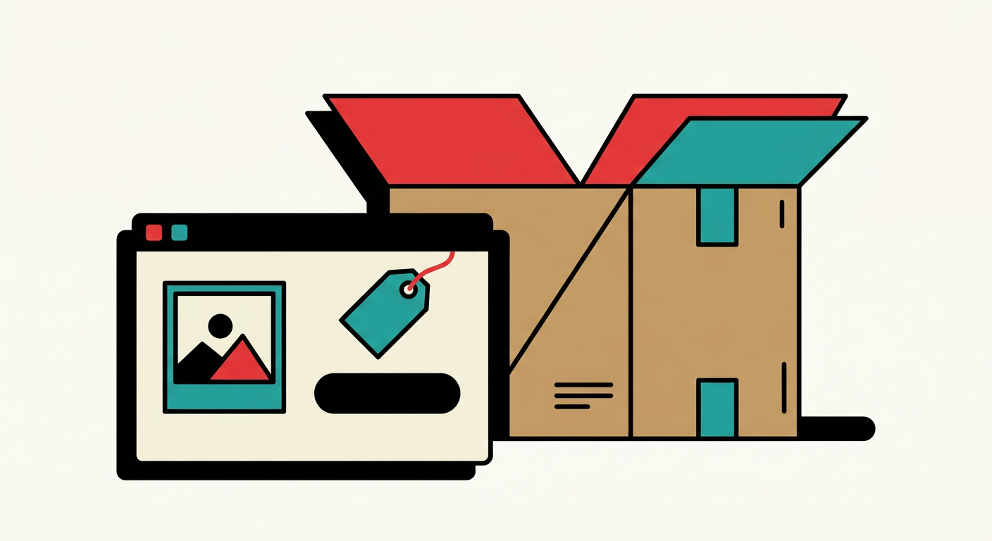 Illustration of a shop page with a product picture and a button, next to an open shipping box