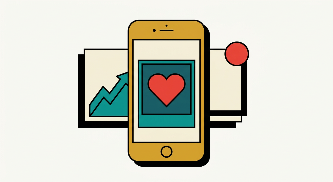 Illustration of a phone showing a post with a heart, in front of a rising chart