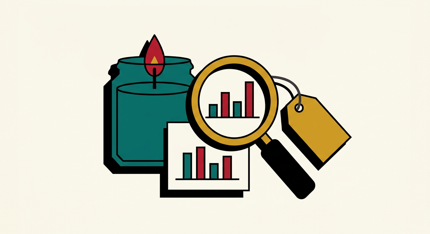 Illustration of a candle jar, a magnifying glass over a bar chart and a price tag