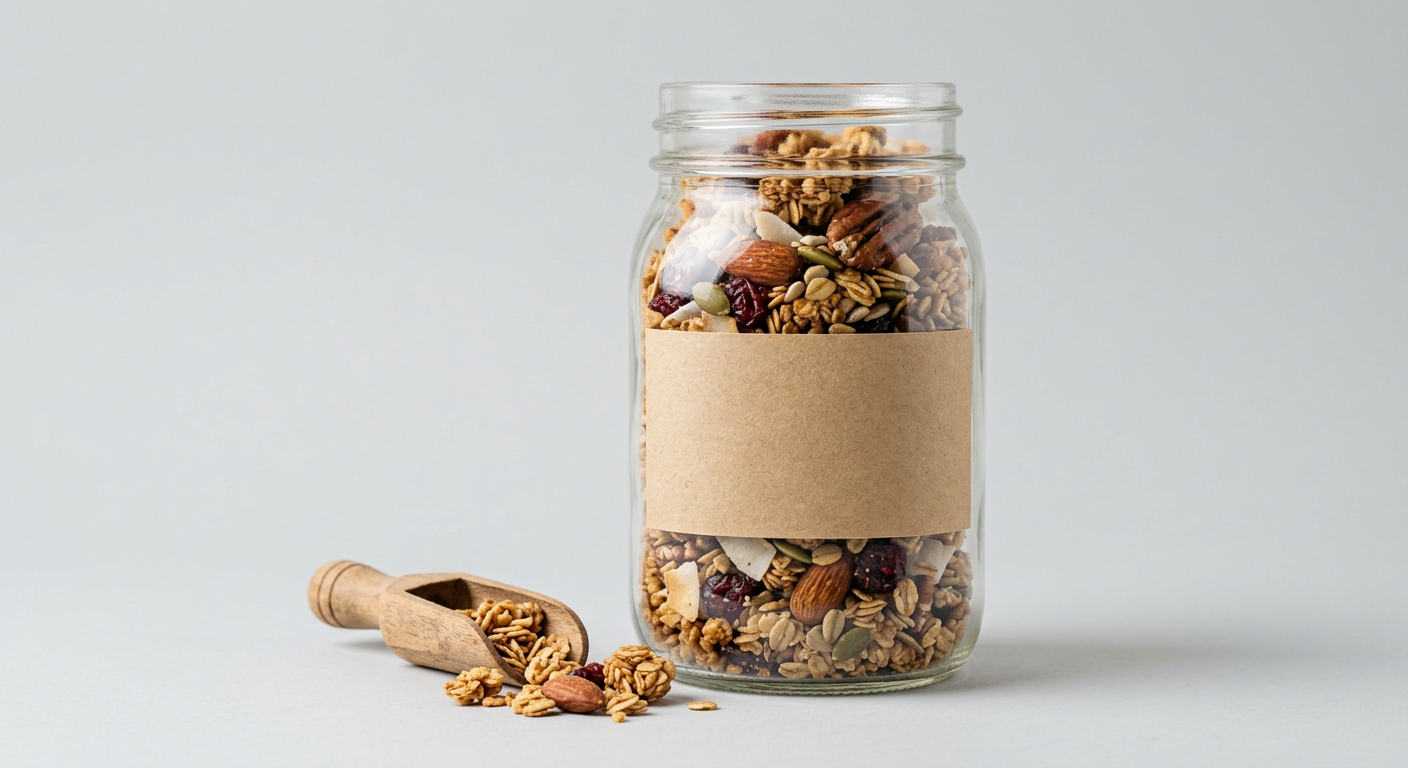 A glass jar of homemade granola with a wooden spoon