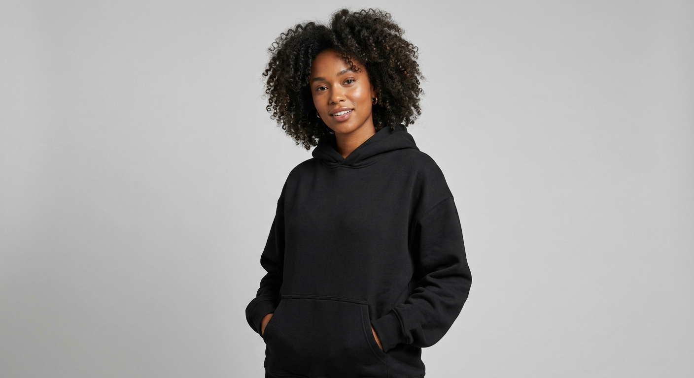 A woman in a black oversized hoodie