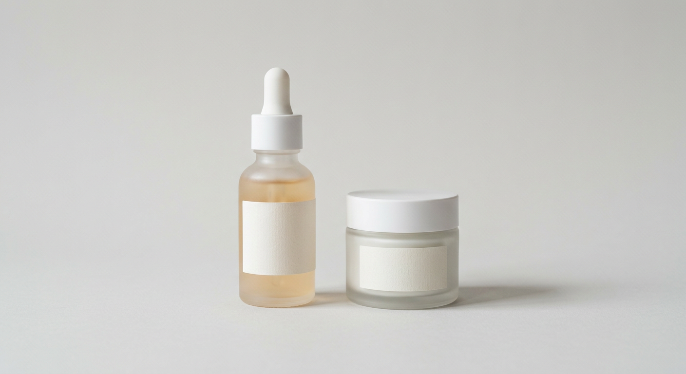 A dropper serum bottle beside a frosted cream jar