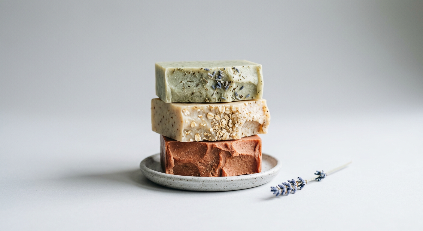 Three handmade soap bars in sage, oat and terracotta
