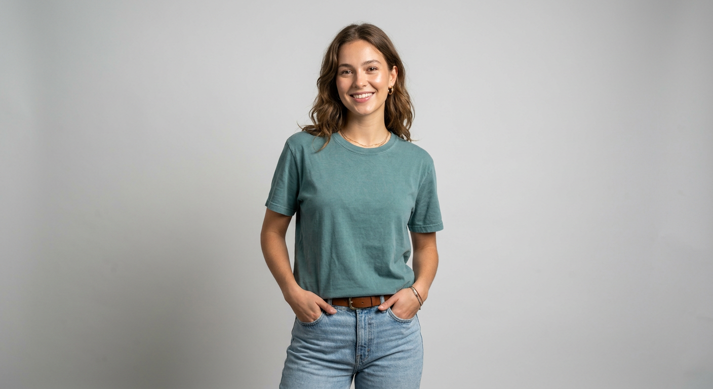 A woman in a faded teal cotton t-shirt
