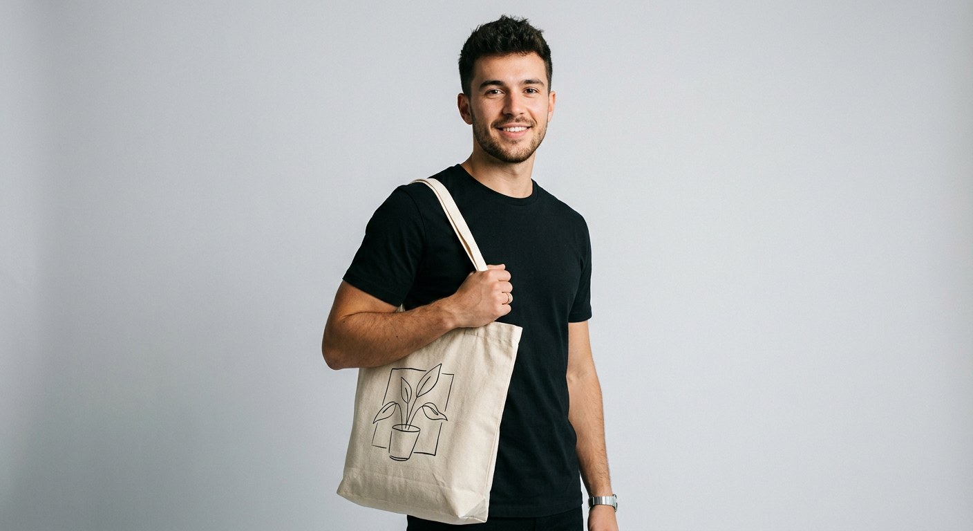 A man carrying a canvas tote bag with a line drawing